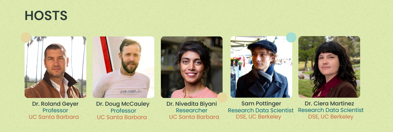 Photos of the webinar hosts - Image 1 is a photo of  Dr. Roland Geyer, Professor at UC Santa Barbara with buzzed short dark hair in front of beach. Image 2 is photo of Doug McCauley, Professor at UC Santa Barbara, he has shaggy sandy brown hair and beard. Image 3 is a photo of Dr. Nivedita Biyani, a women with long dark brown hair pinned back, she is a researcher at UC Santa Barbara.  Image 4 is Sam Pottinger, a data scientist research at UC Berkeley, is wearing a scarf and flat capped hat. Image 5 is a photo of Dr. Ciera Martinez,  a research data scientist from UC Berkeley, she has long wavy black hair with bangs.