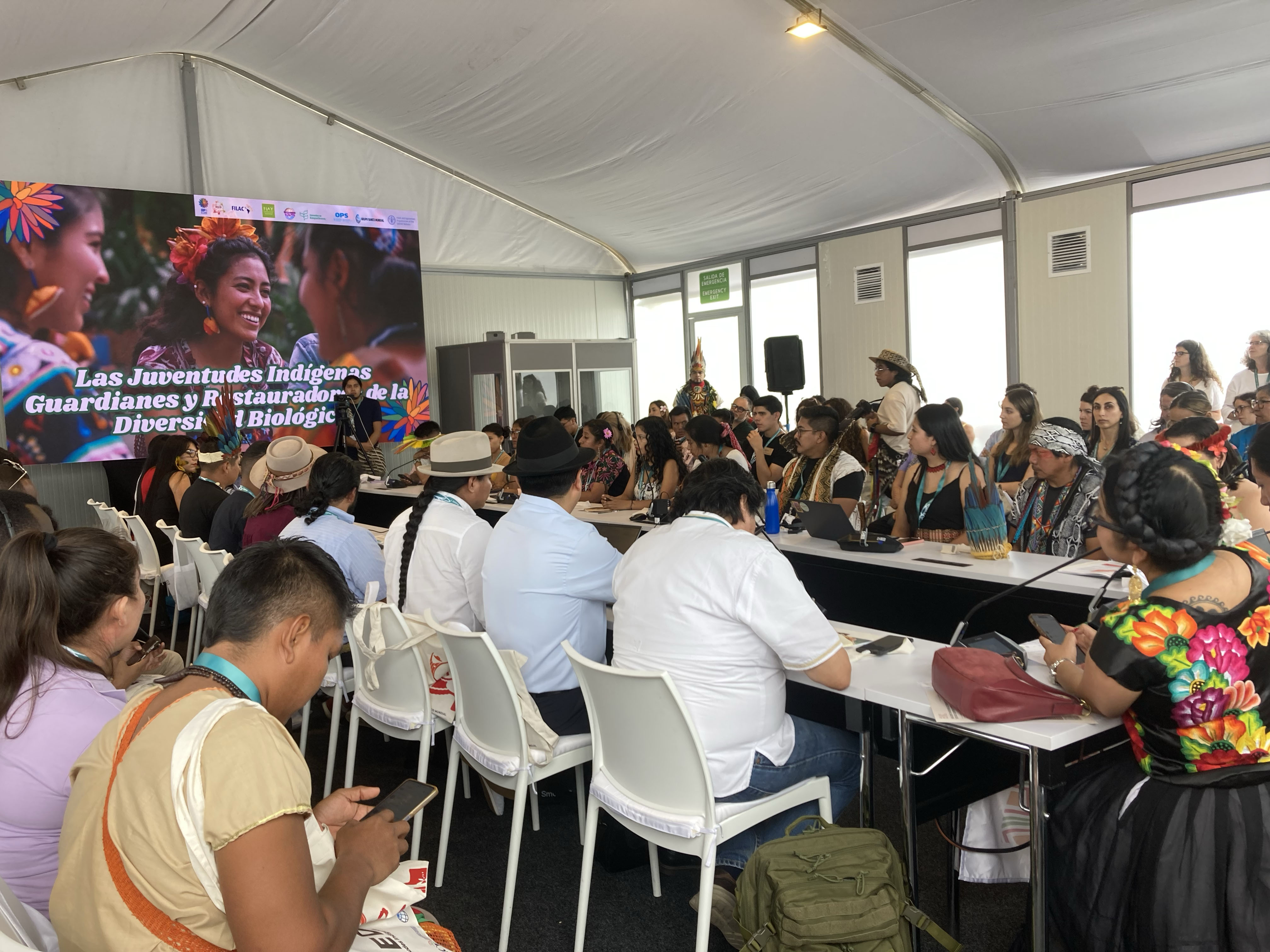 Dozens of Indigenous youth sitting around a table for COP16 event